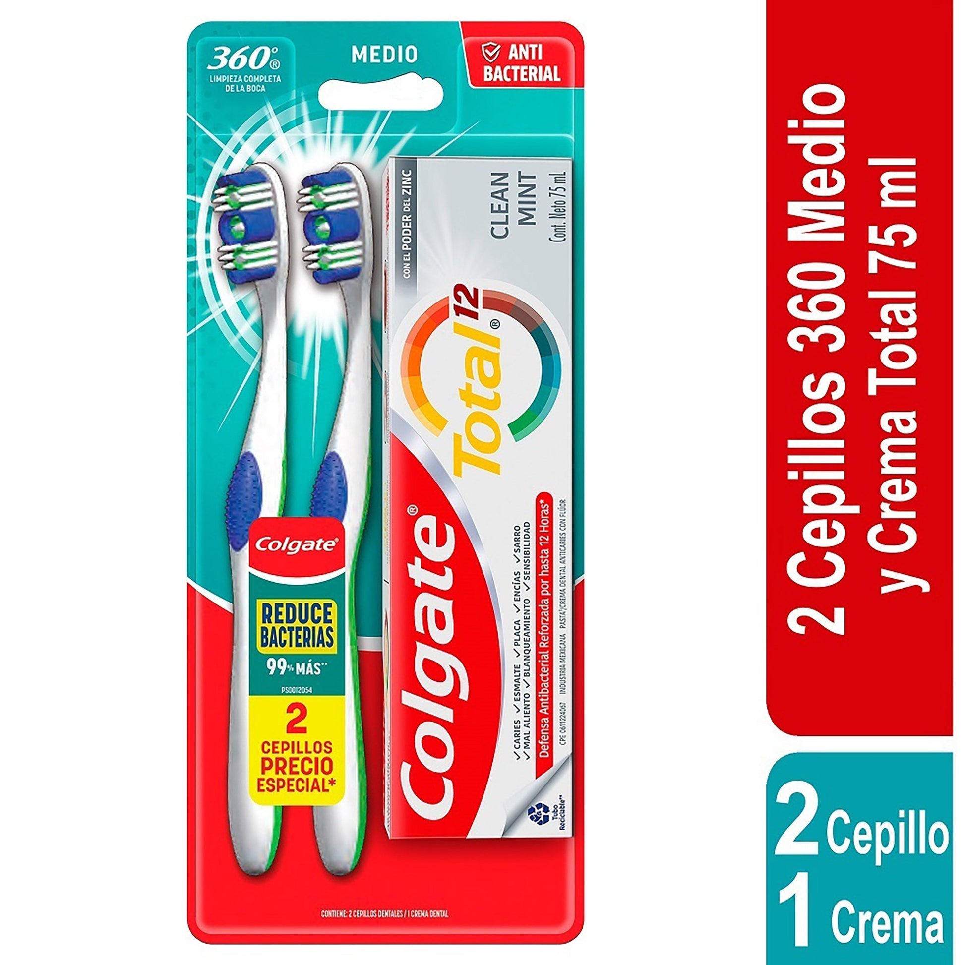 2 Cepillo Colgate 360 Twinpack + Total 75 Ml Med