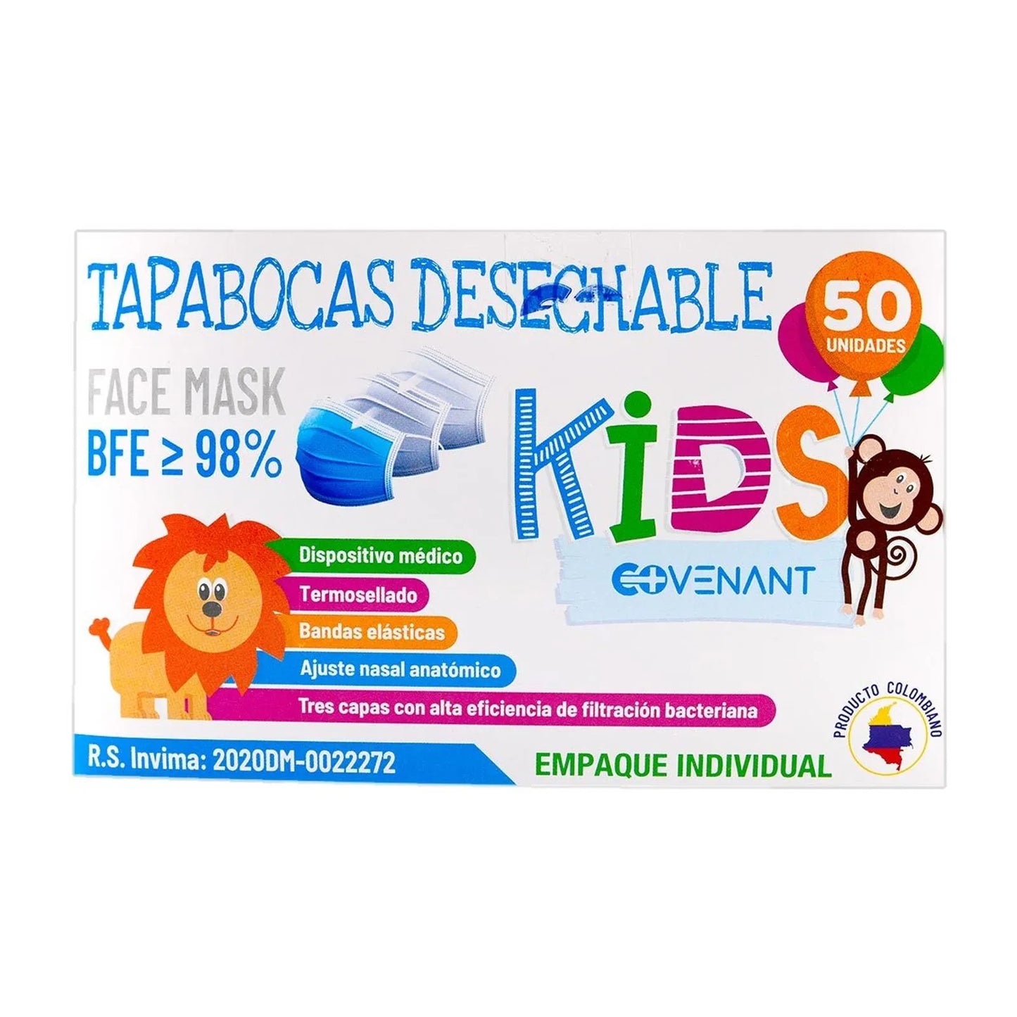 Tapaboca Azul Pediatrico Covenant 50U Empaque Individual