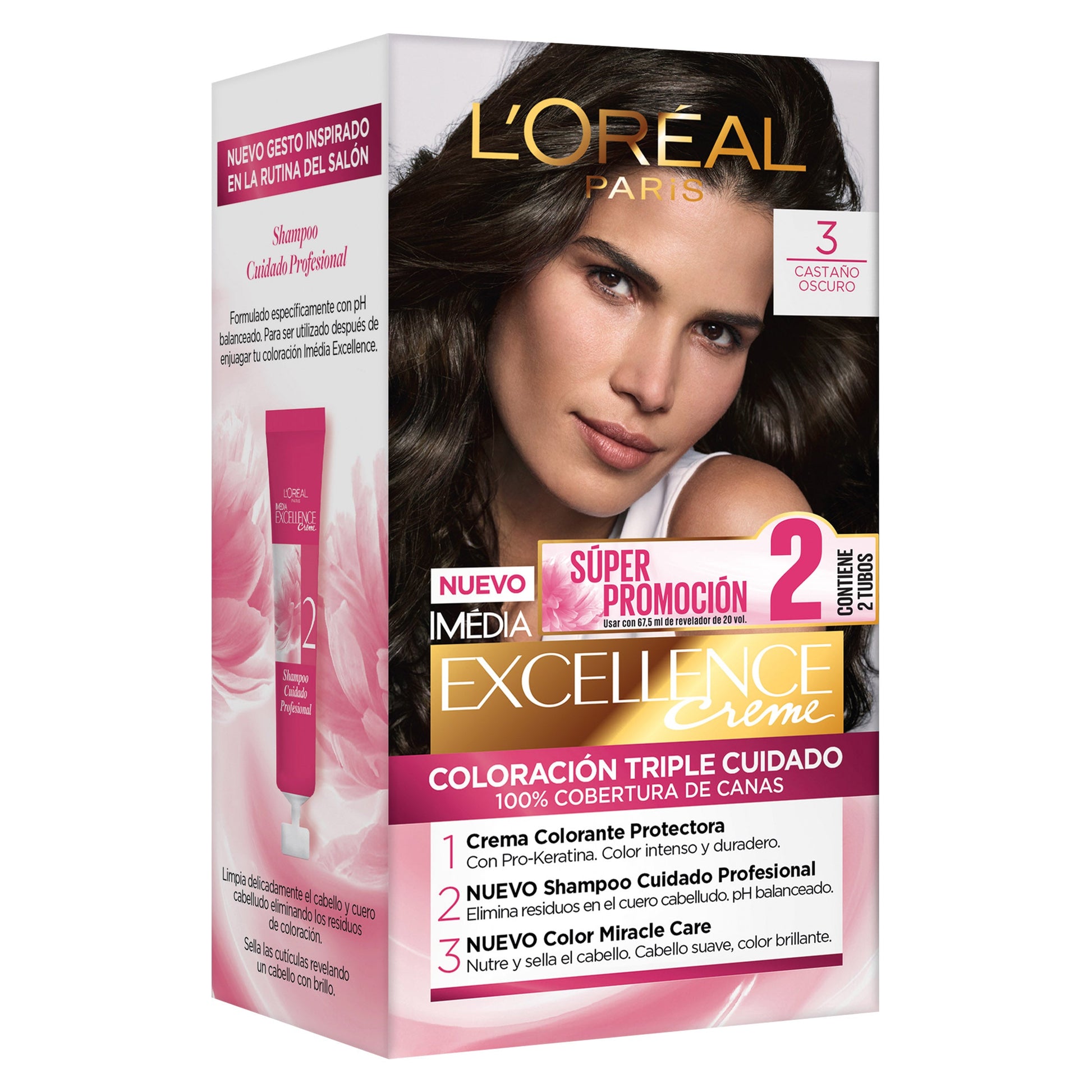 2 Tubos Tinte Excellence Loreal 3 Castano Oscuro